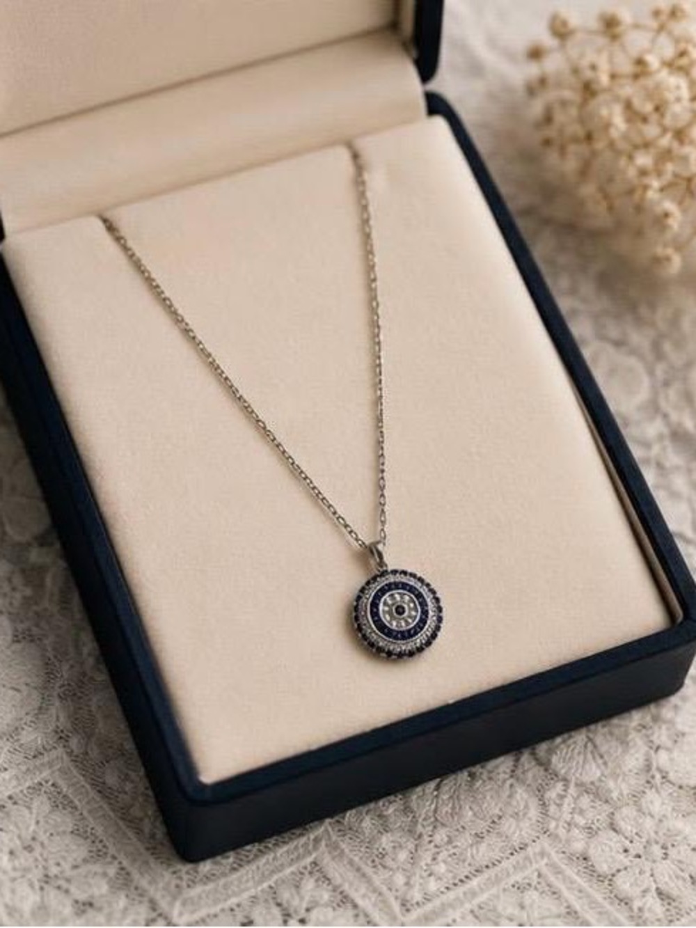Silver Necklace with Blue and White Evil Eye Pendant